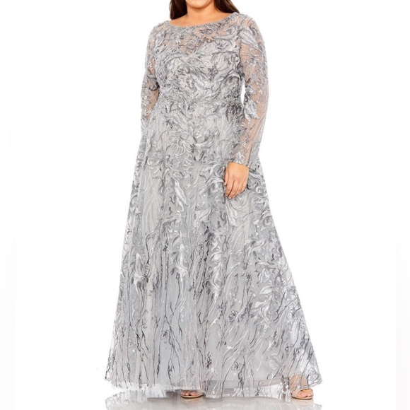 Mac Duggal Charcoal Floral Embroidered Embellished Long Sleeve High Neck Gown - Picture 1 of 16